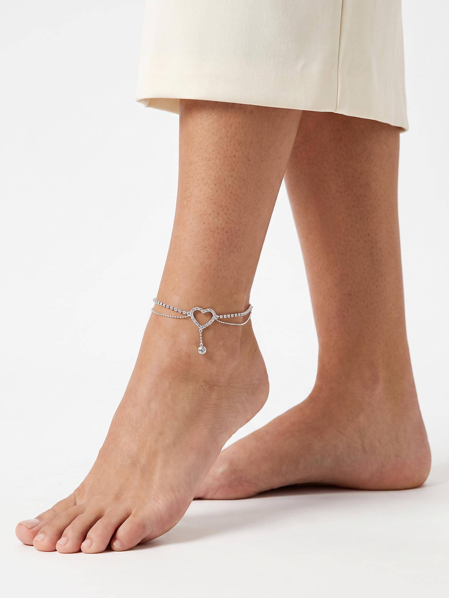 Carlton London Silver Plated Cz Studded Heart and Dangling Solitaire Layered Anklet