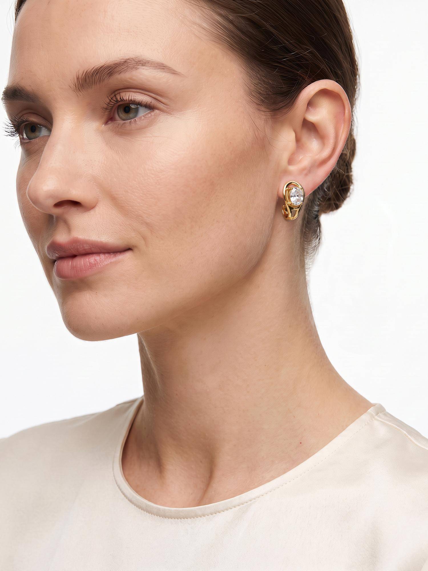 Carlton London Gold-Plated Oval Solitaire Half Studs Earrings