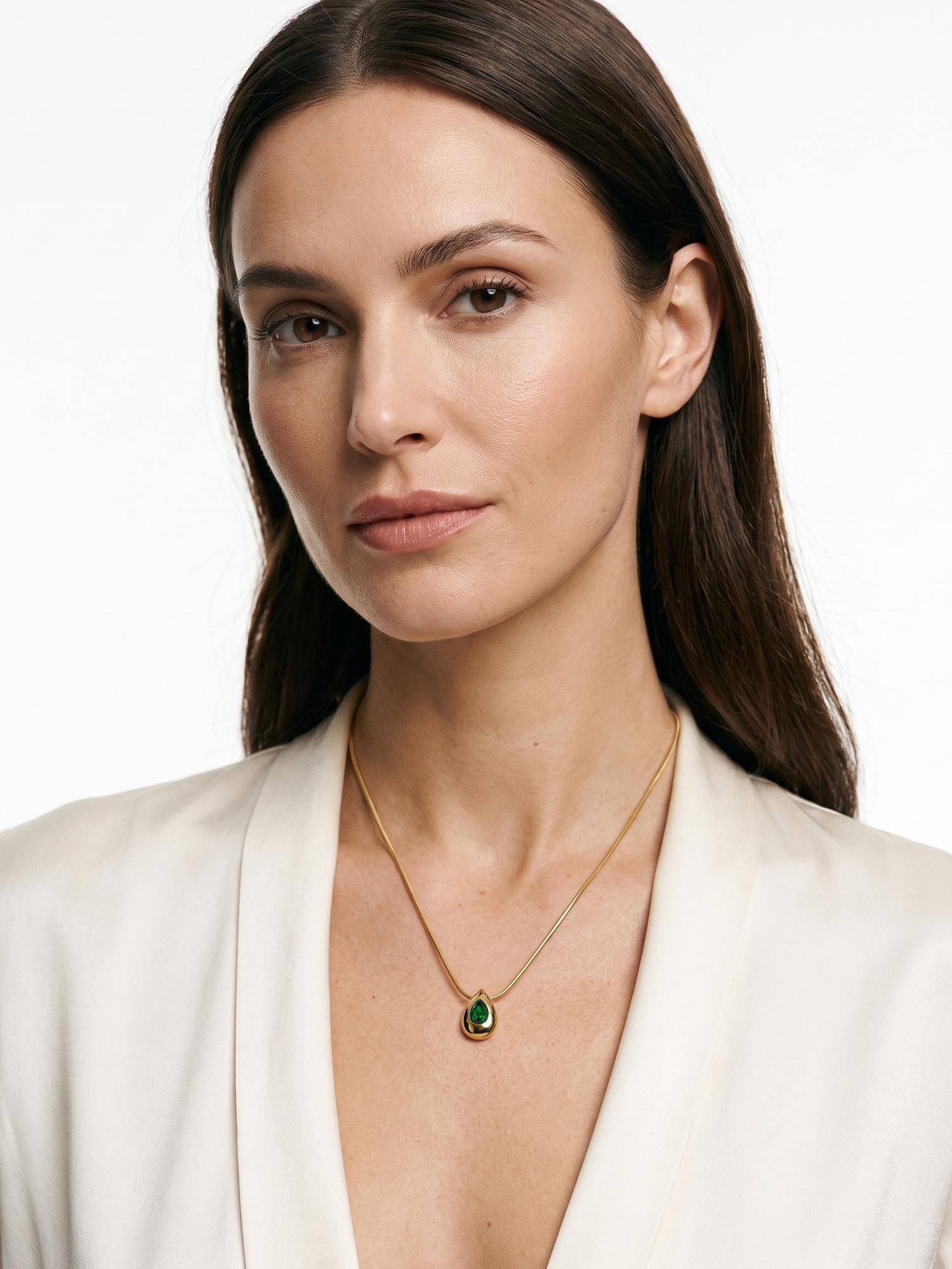 Carlton London Gold Plated Emerald Green Studded Teardrop Pendant and Snake Chain