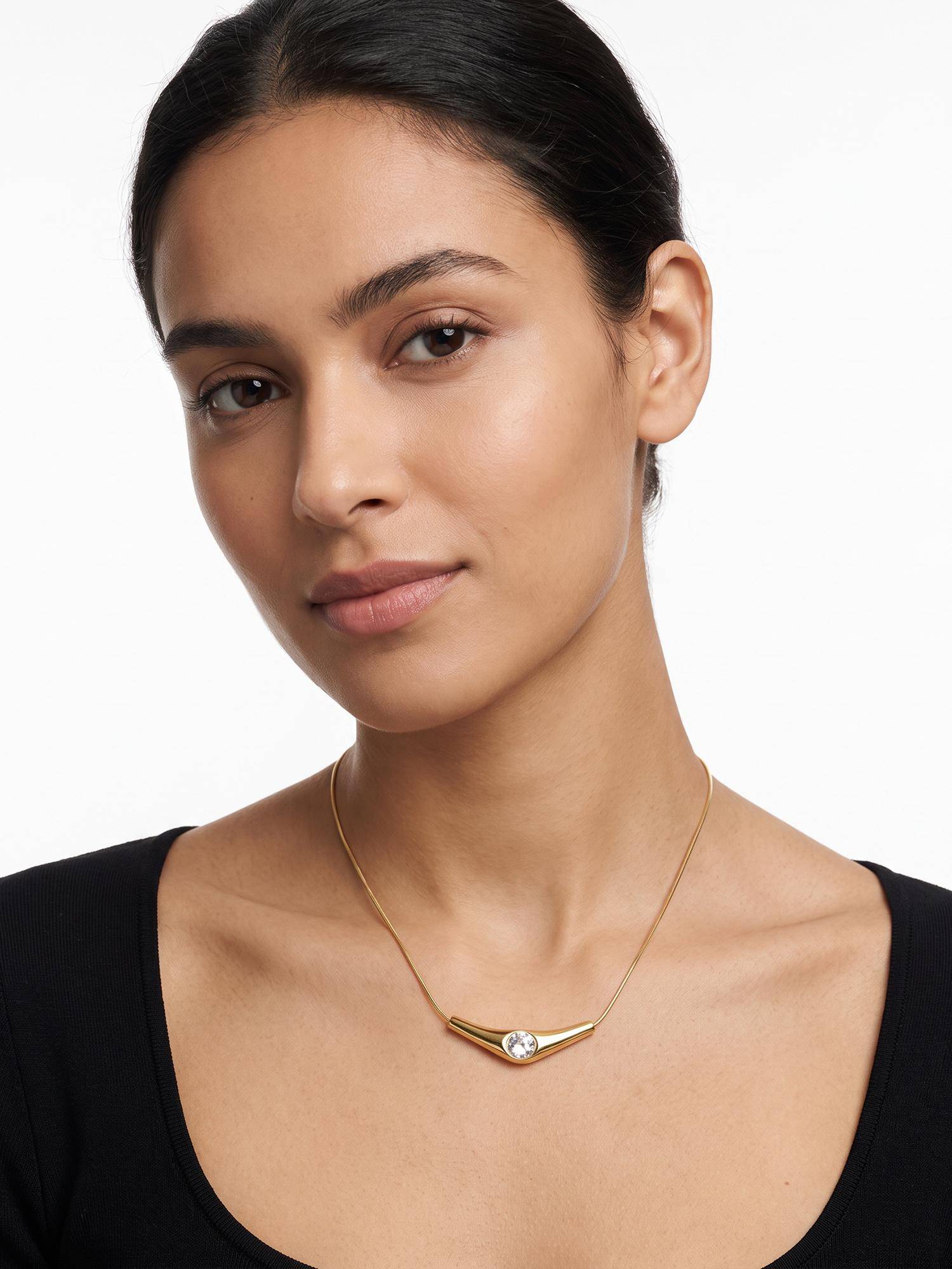 Carlton London Gold Plated Curved Solitaire Studded Bar Pendant and Snake Chain