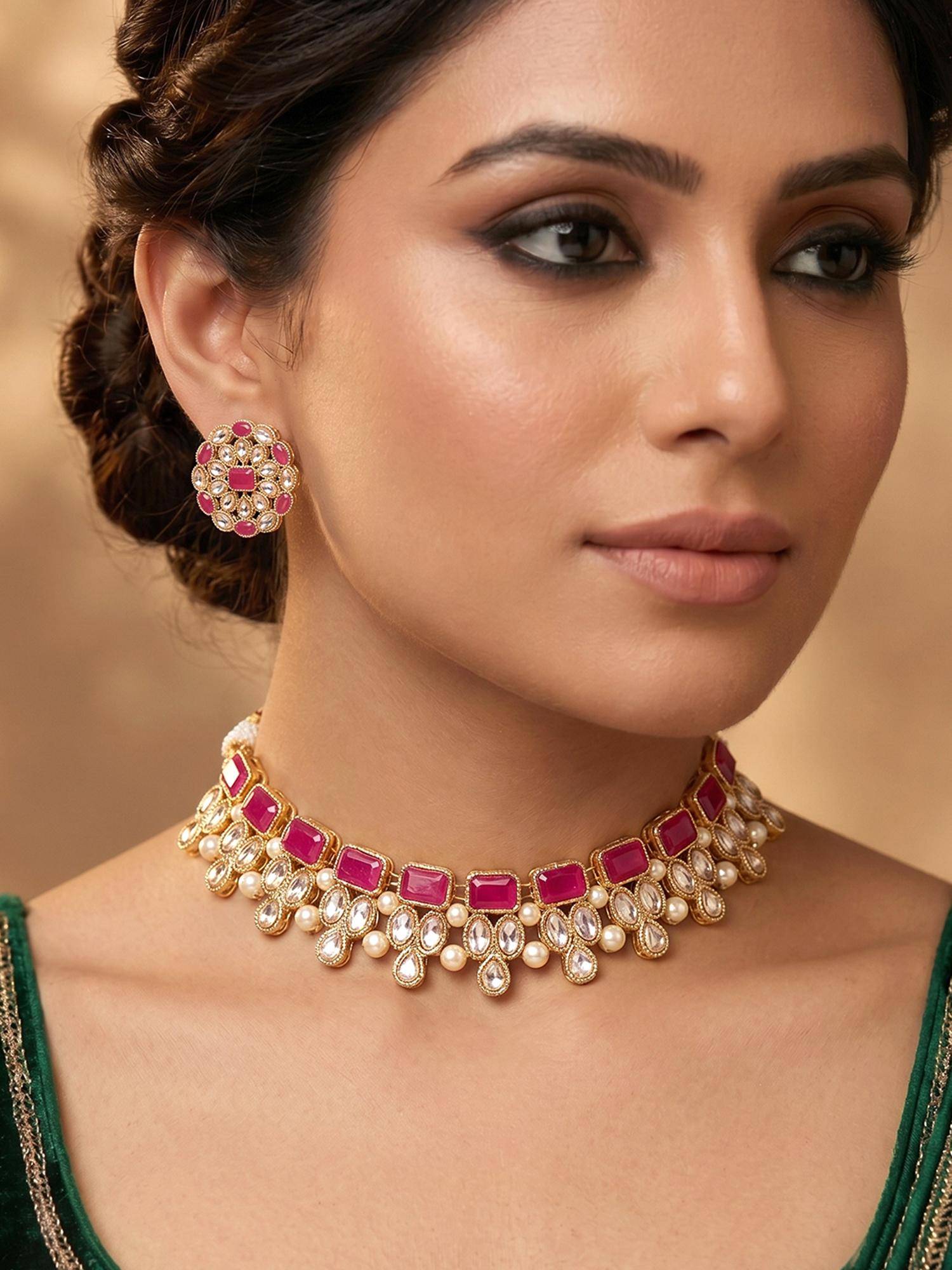 Peora Gold Plated Traditional Necklace Set with Pink Kundan Stones and Earrings