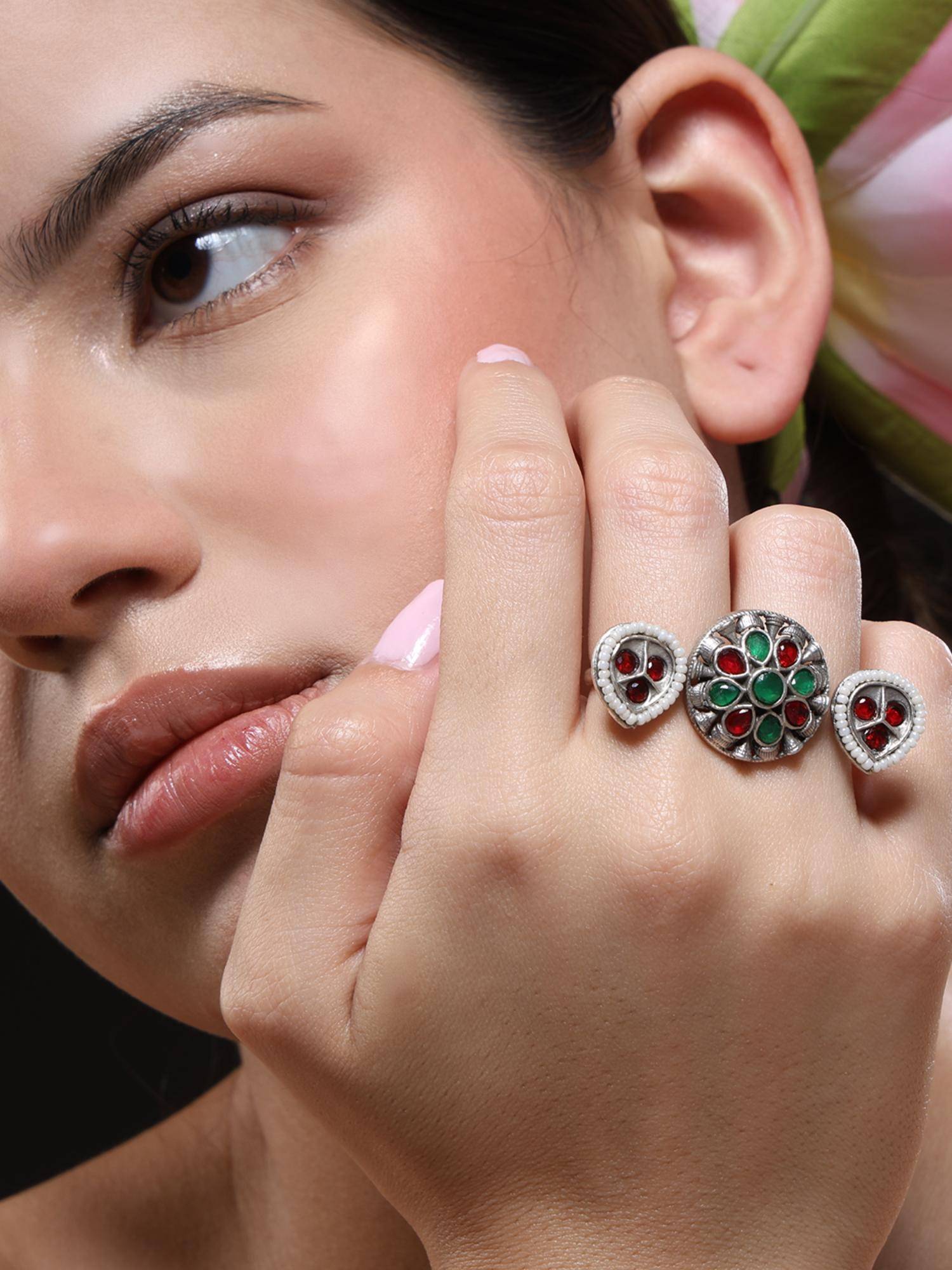 VENI Silver-Plated Stone-Studded and Beaded Oxidised Finger Ring