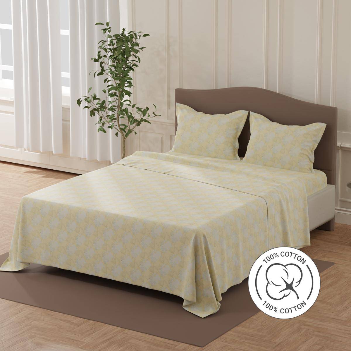 Layers Lumina Floret 140 Tc Yellow & Grey Floral Double Bedsheet with 2 Pillow Covers (Queen)