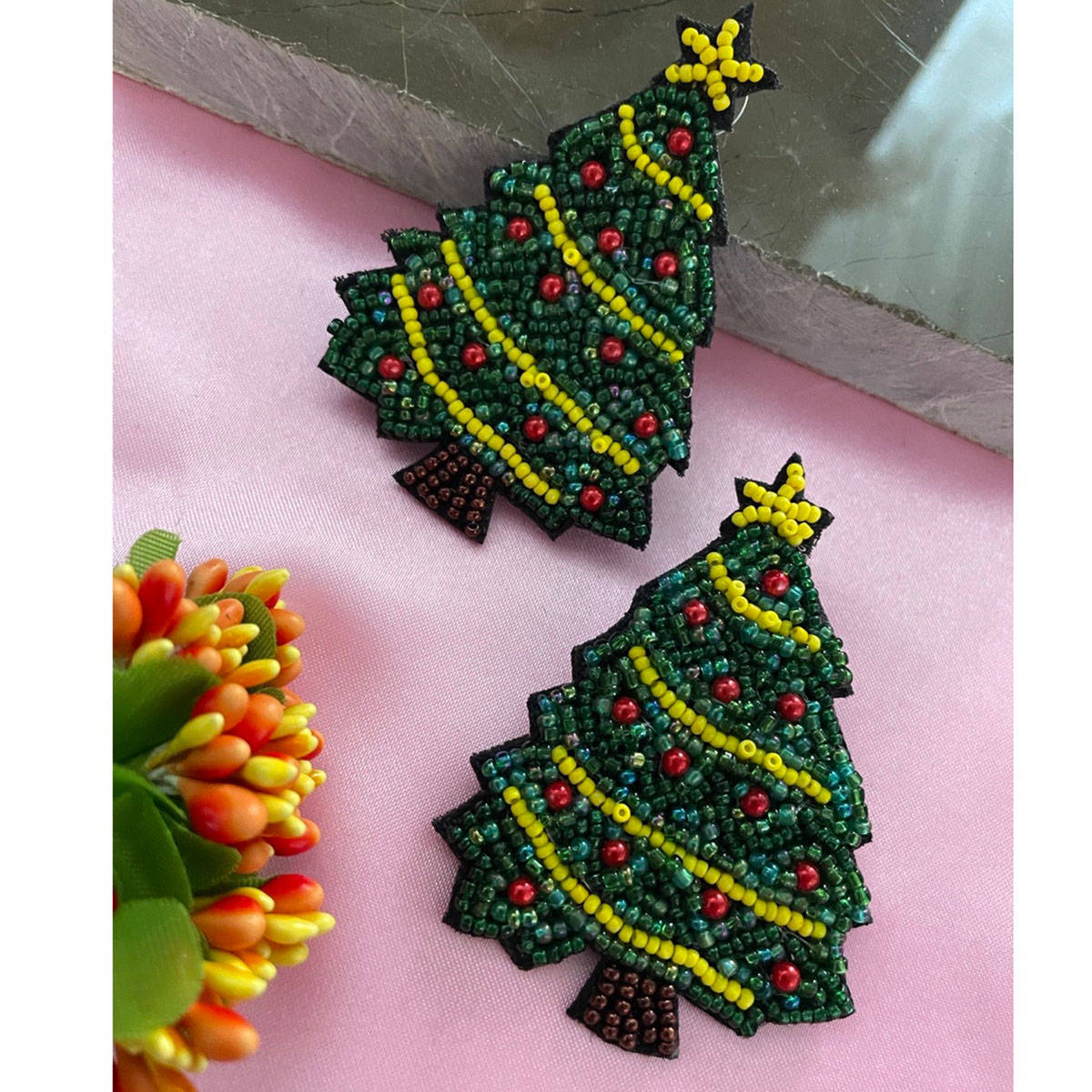 Digital Dress Room Christmas Tree Beaded Earrings