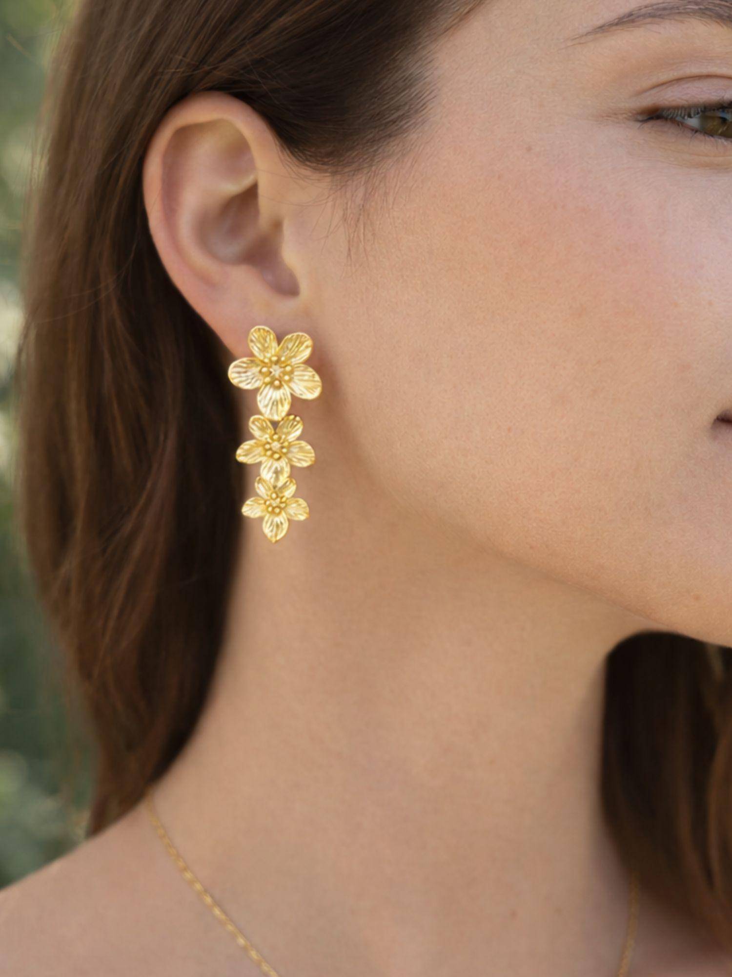 Digital Dress Room Women Gold Plated Floral Long Drop Earrings