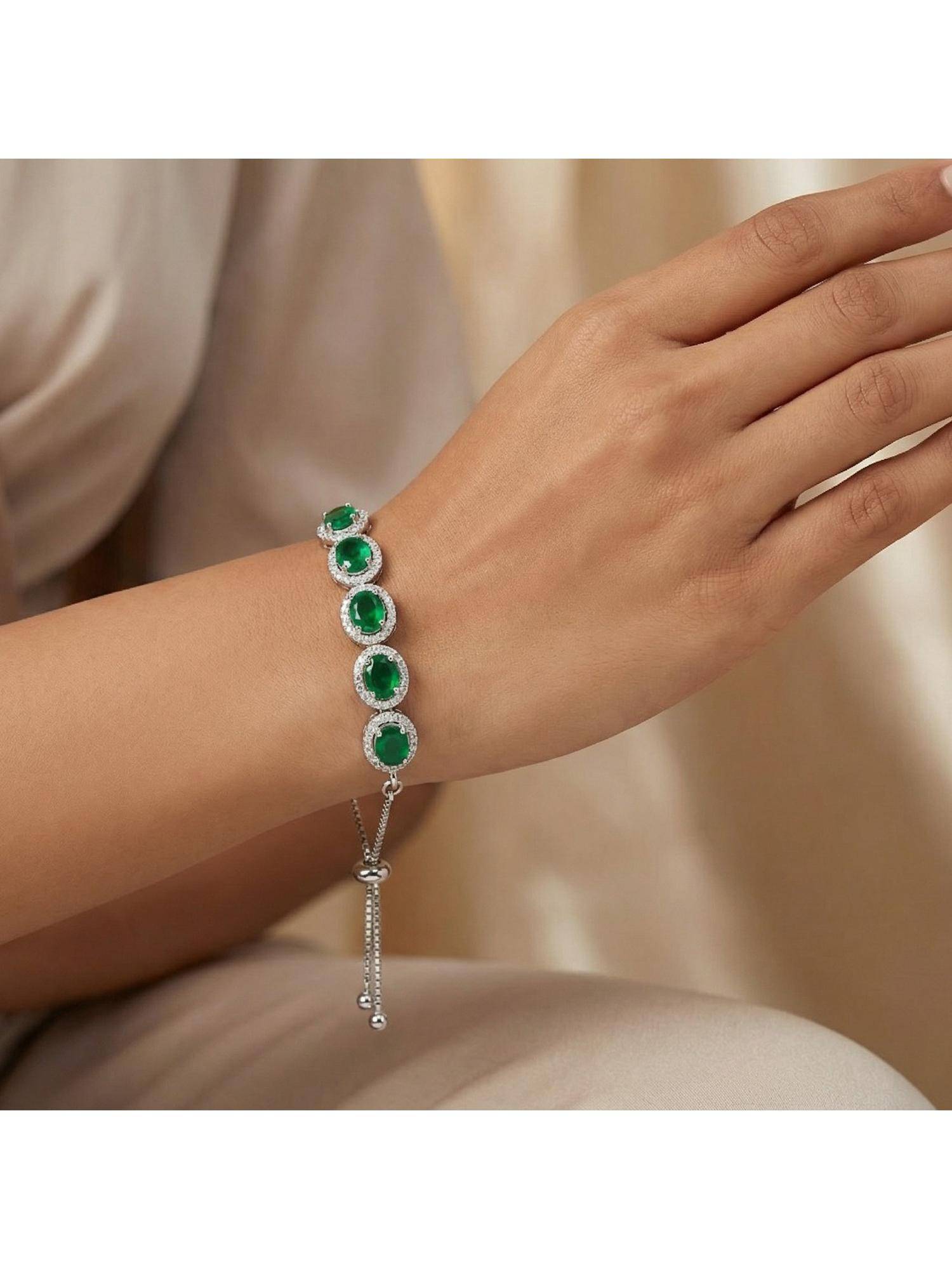 Nuyug Women American Diamond Oval Emarald Green Adjustable Bracelet
