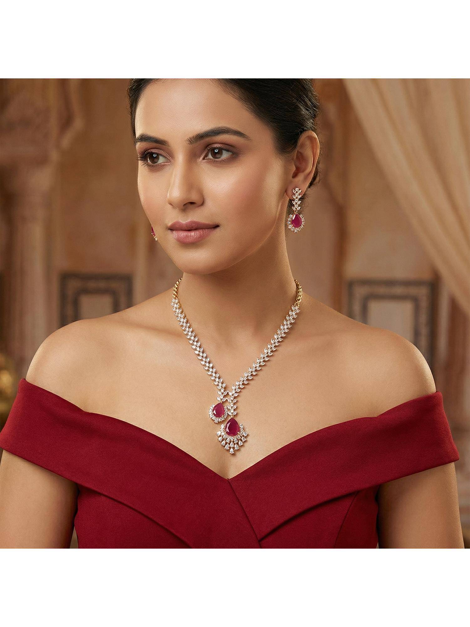 Nuyug Women Roohani American Diamond High Low Necklace Set