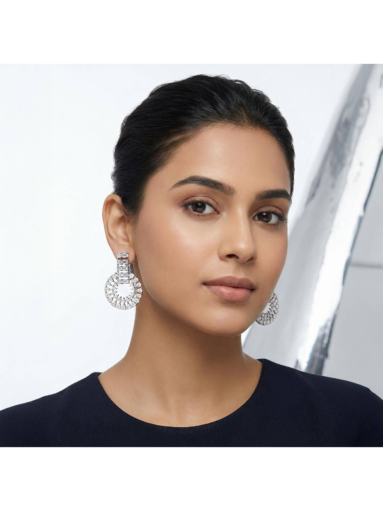 Nuyug Women Round Shaped American Diamond Danglers Earrings