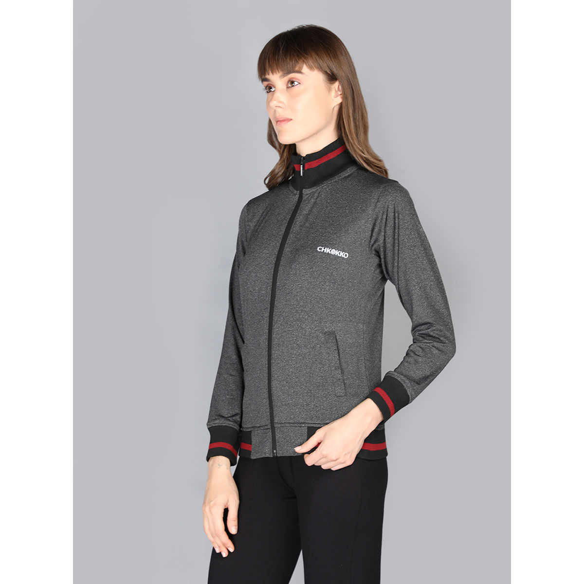 Buy CHKOKKO Women Sports Zipper Jacket -grey Online