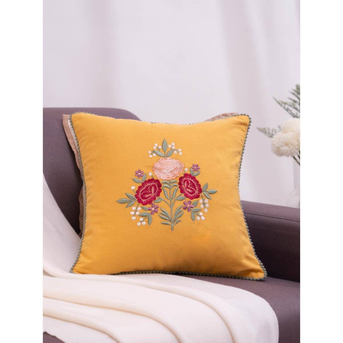 Haus & Kinder Signature Golden Bloom Embroidered Cushion Cover 16 x 16 IN