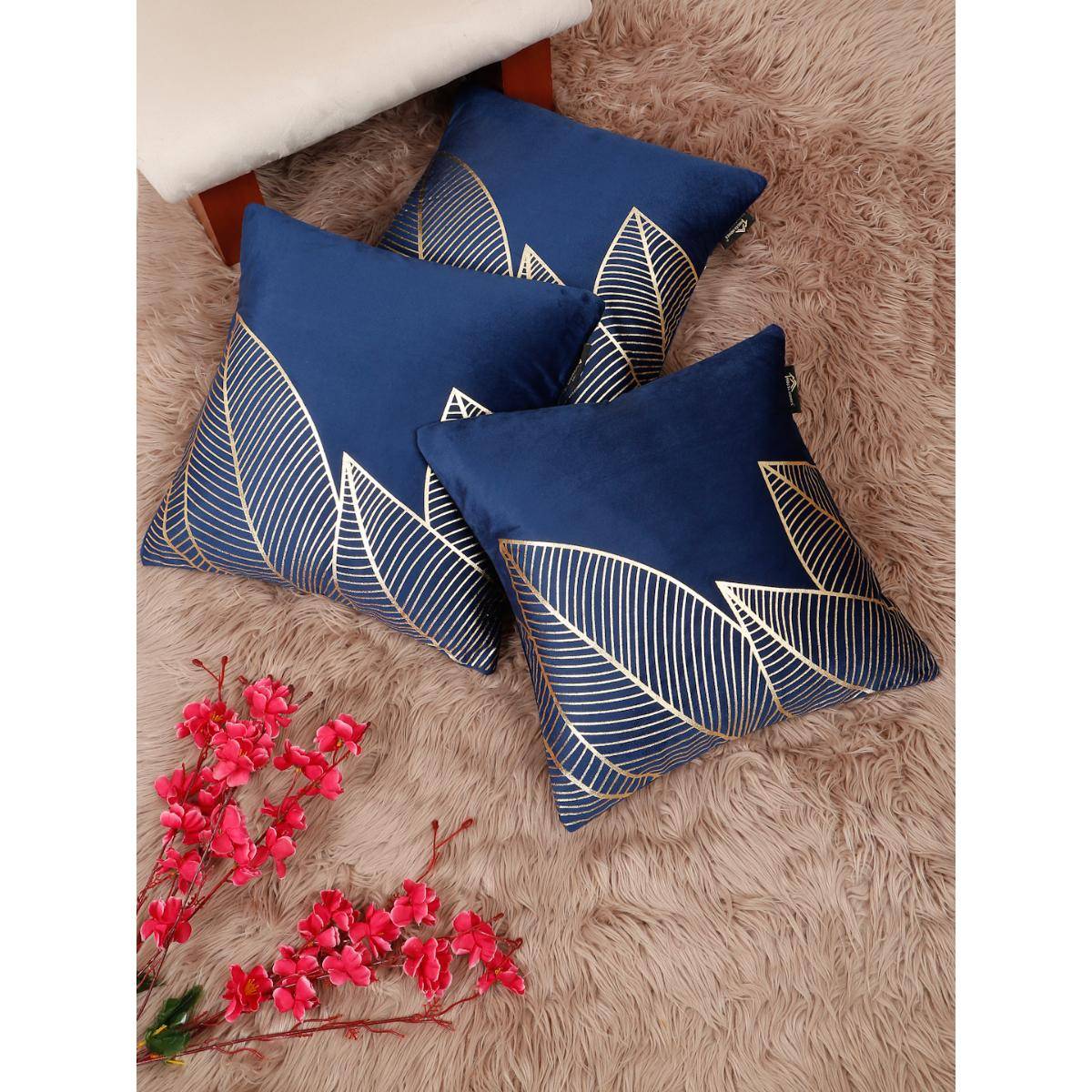 HOSTA HOMES Soft Velvet Golden Foil Printed Cushion Covers Blue (Pack Of 3) (16X16 Inches)