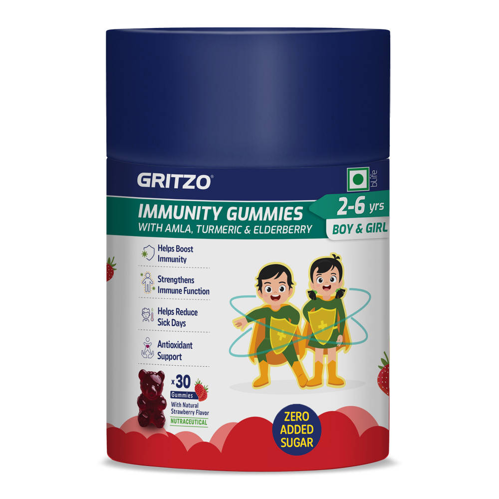 Gritzo Immunity Gummies For 2-6Y Boy & Girl - Strawberry With Amla, Turmeric & Elderberry
