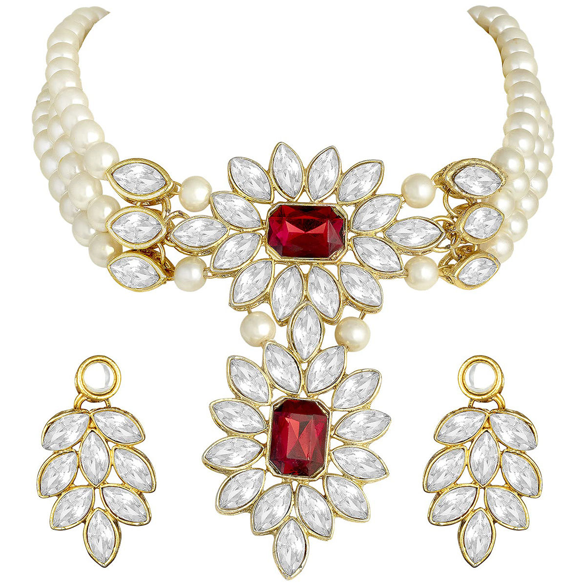 Indian Bollywood Gold Plated Kundan Necklace Set - Pearl Choker With Earrings & Maang Tikka