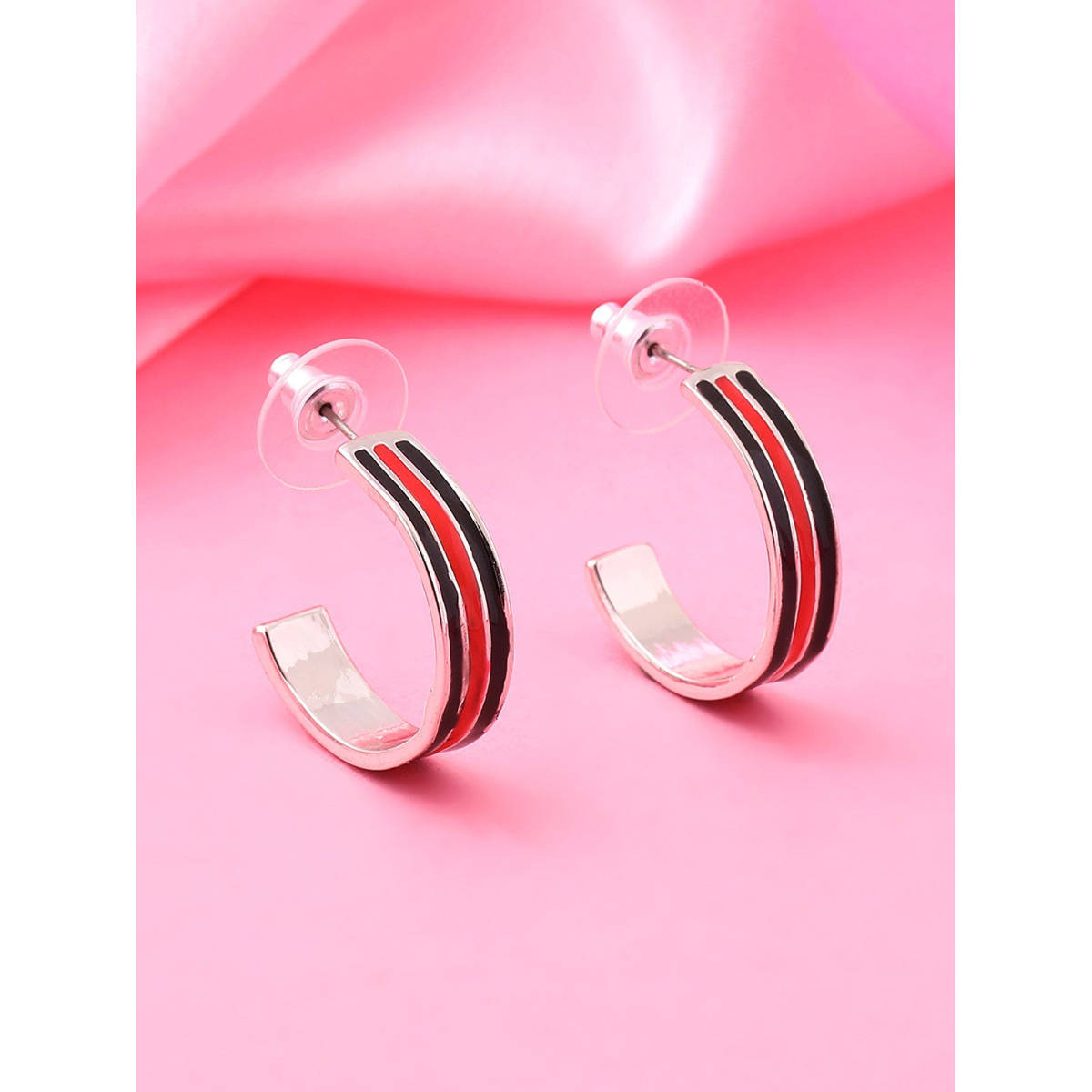 Estele Rhodium Plated Shining Enamel Hoop Earrings for Women