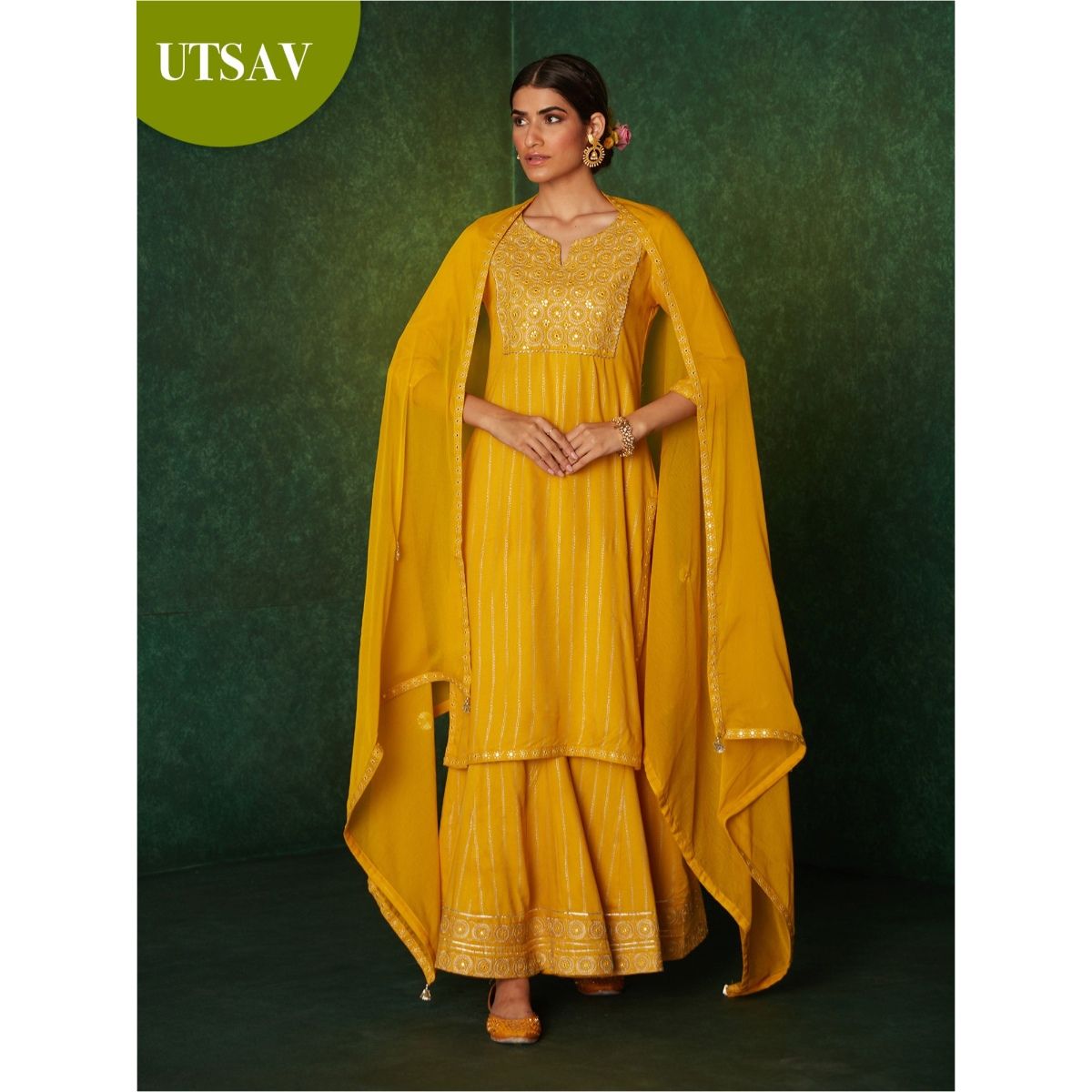 Buy Likha Yellow Mirror Work Kurta Palazzo Set & Dupatta LIKSKD179 (Set