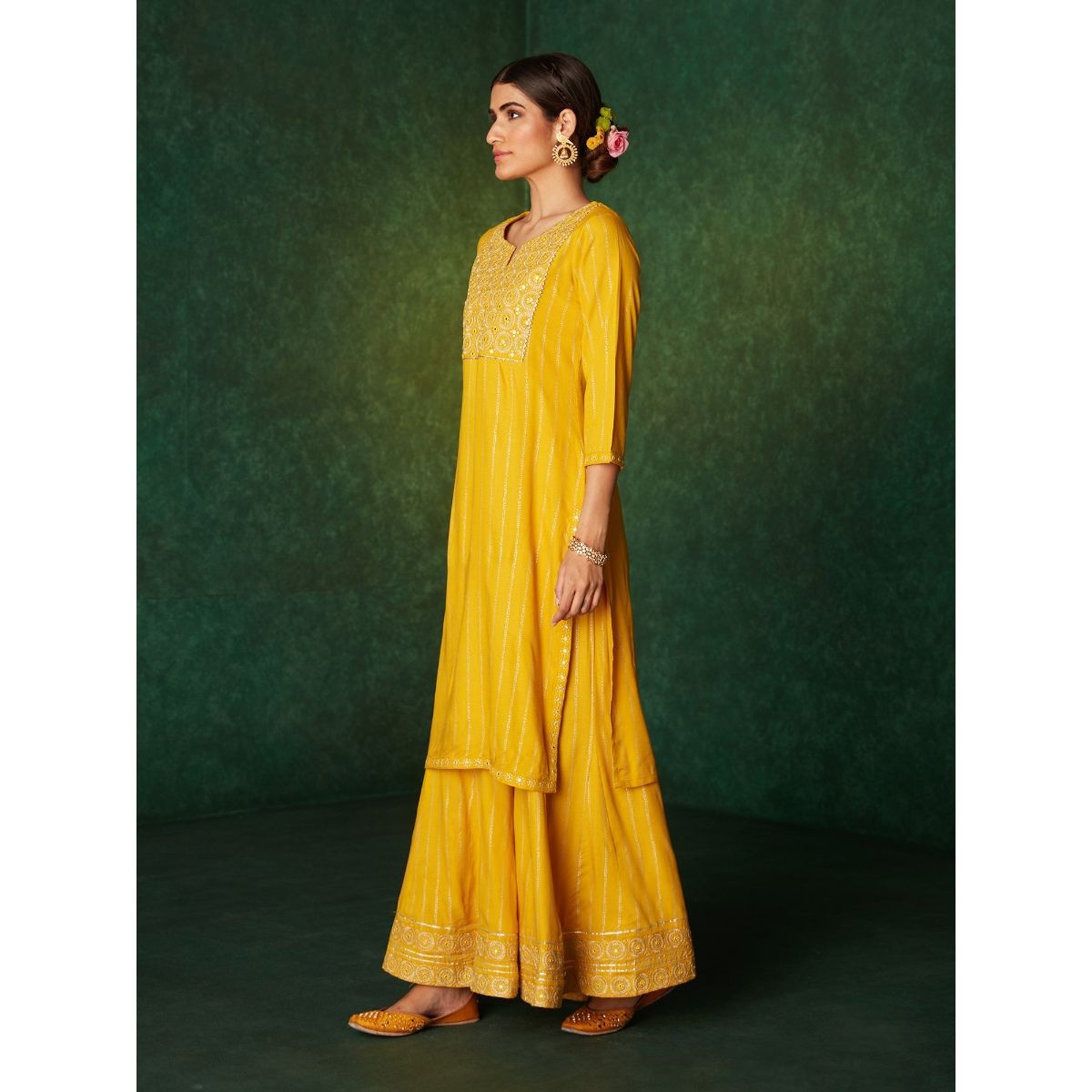 Buy Likha Yellow Mirror Work Kurta Palazzo Set & Dupatta LIKSKD179 (Set