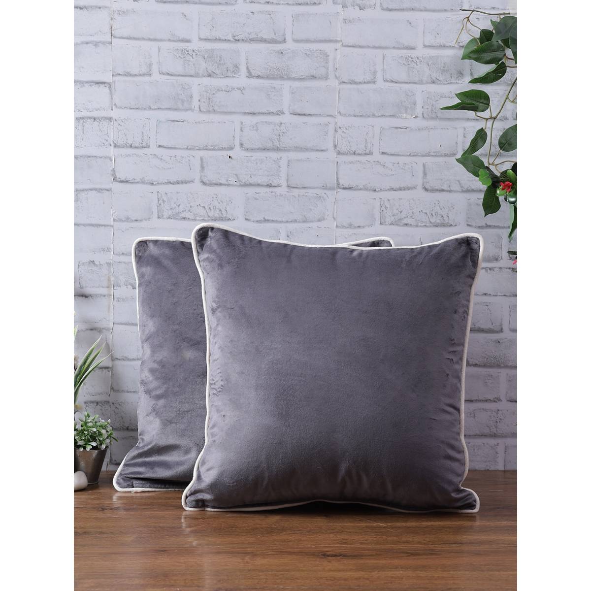 eyda Velvet Grey Color Cushion Cover Set Of 2-18X18 Inch