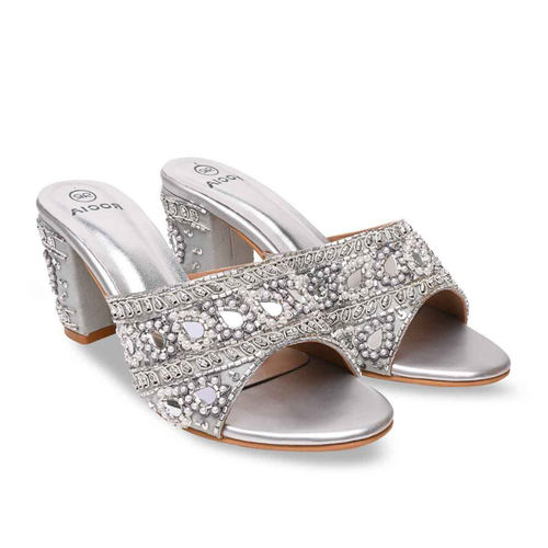 Buy ROCIA By Regal Silver Women Heavy Embroidered Block Heel