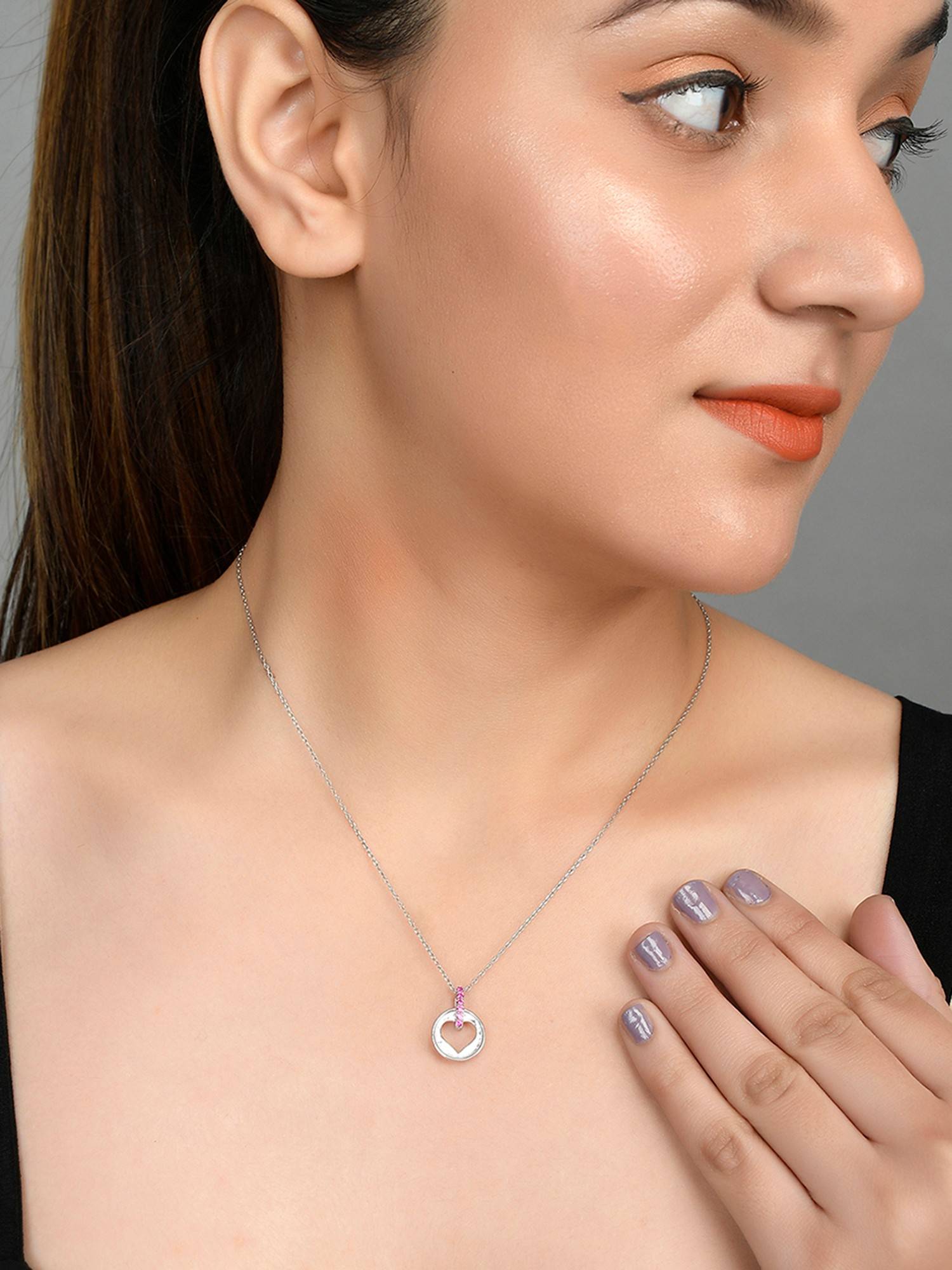 Voylla Valentine'S Day Collection Pink Cz Heart Silver Pendant with Chain