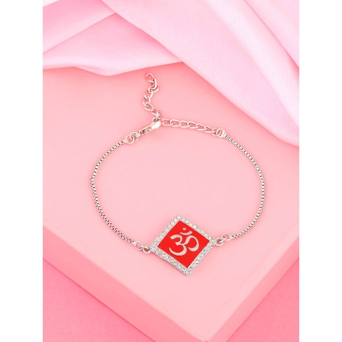 Estele Rhodium Plated Divine Red Om Bracelet with Enamel & Crystals for Men and Women