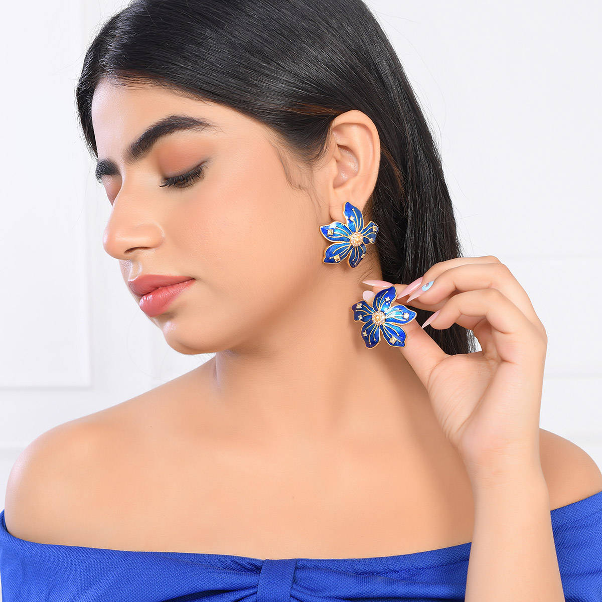 Voylla Flower Fantasy Sapphire Blue Statement Studs