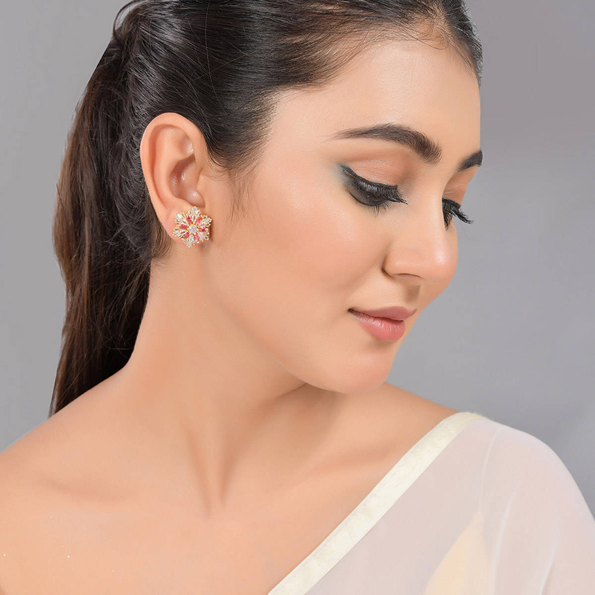 Voylla Sparkling Elegance Statement Pink Floral Stud Earrings