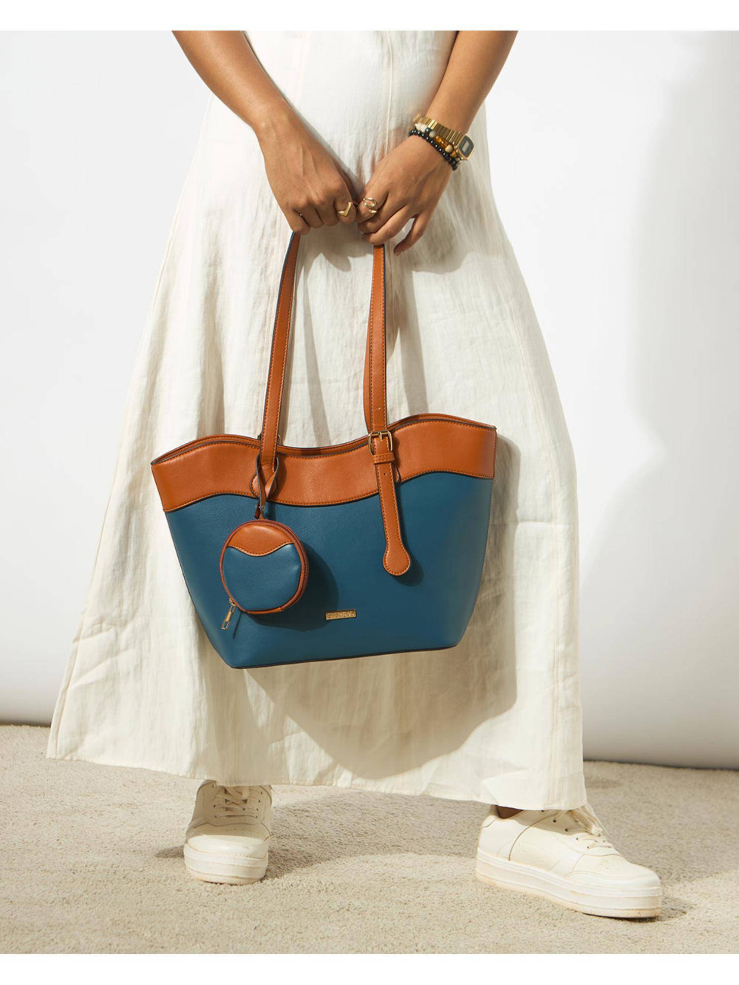 Chumbak Teal Colorblock Tote Bag with Pouch