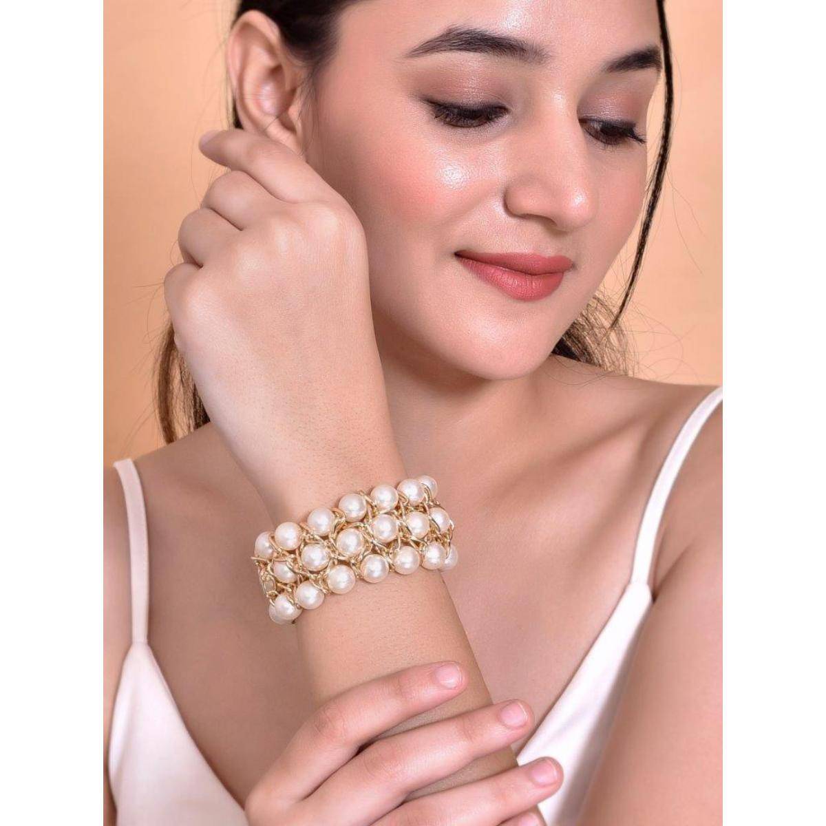 VOJ Women White and Gold Toned Pearls Gold Plated Multi Strand Bracelet