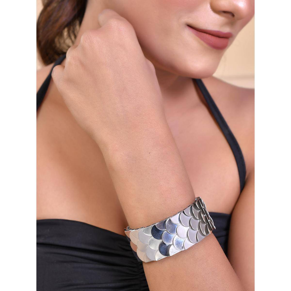 VOJ Silver Plated Oxidized Kada Bracelet Cum