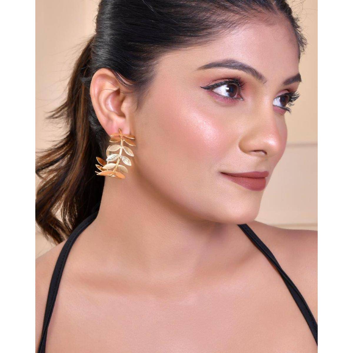 VOJ 22K Gold Plated Leaf Shaped Hoop Earrings