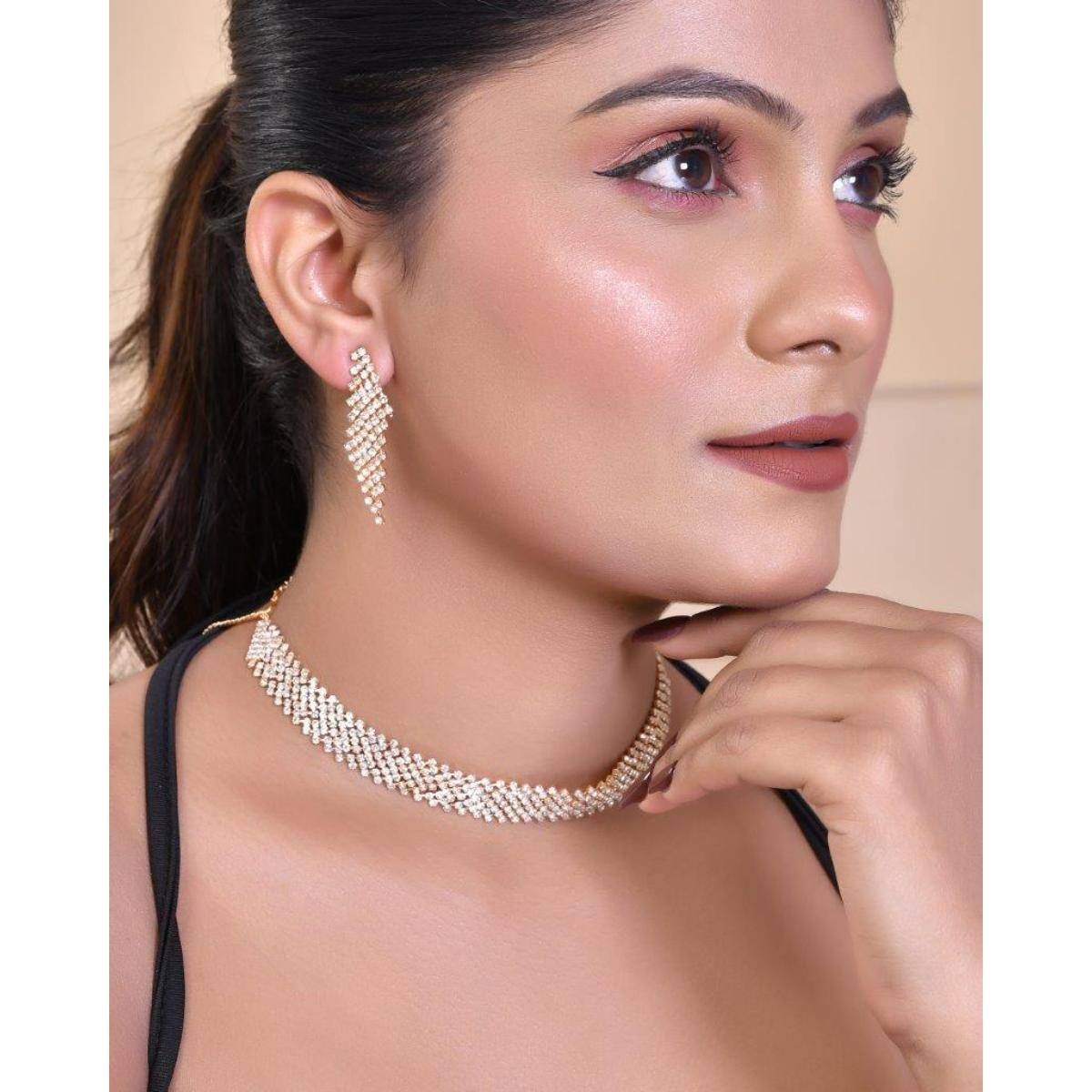 VOJ Gold Plated American Diamond Handcrafted Choker With Earrings Set