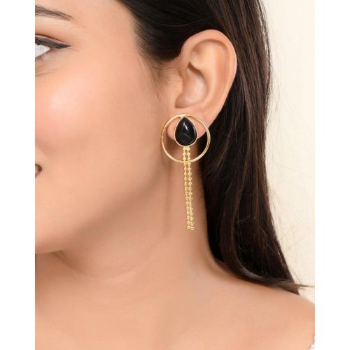 VOJ One Gram Gold Plated Drop Shaped Black Stone Studded Dangle Earrings
