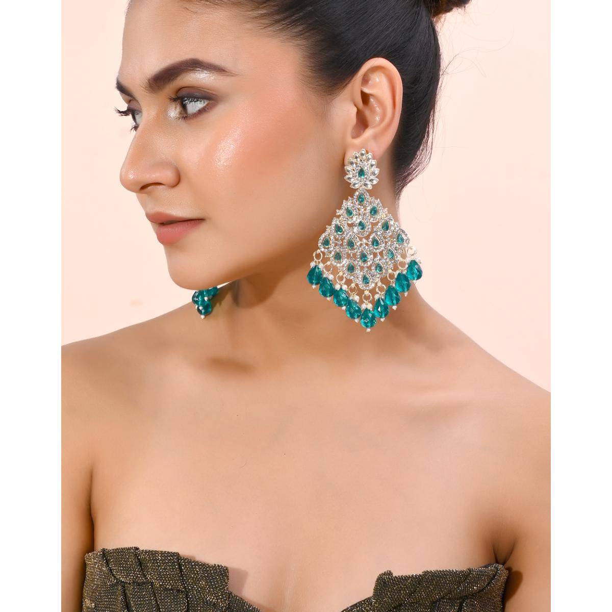 VOJ Traditional Gold Plated Green And White Ad Stone Statement Drop Earrings