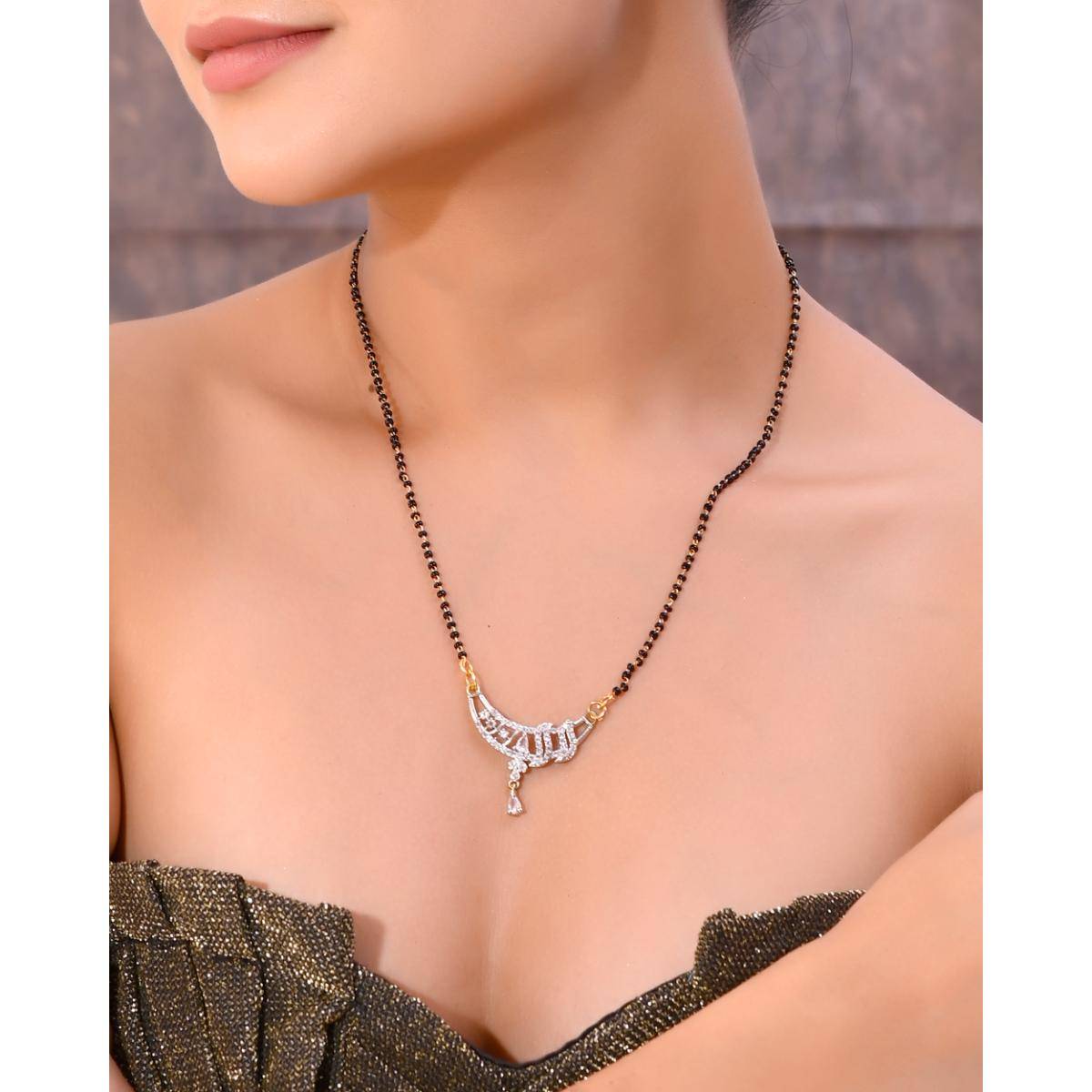 VOJ Silver-Plated Ad Stone And Beaded Mangalsutra