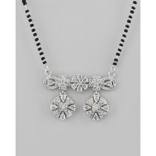 VOJ Silver-Plated Black Beaded And Ad Studded Chain Mangalsutra Set