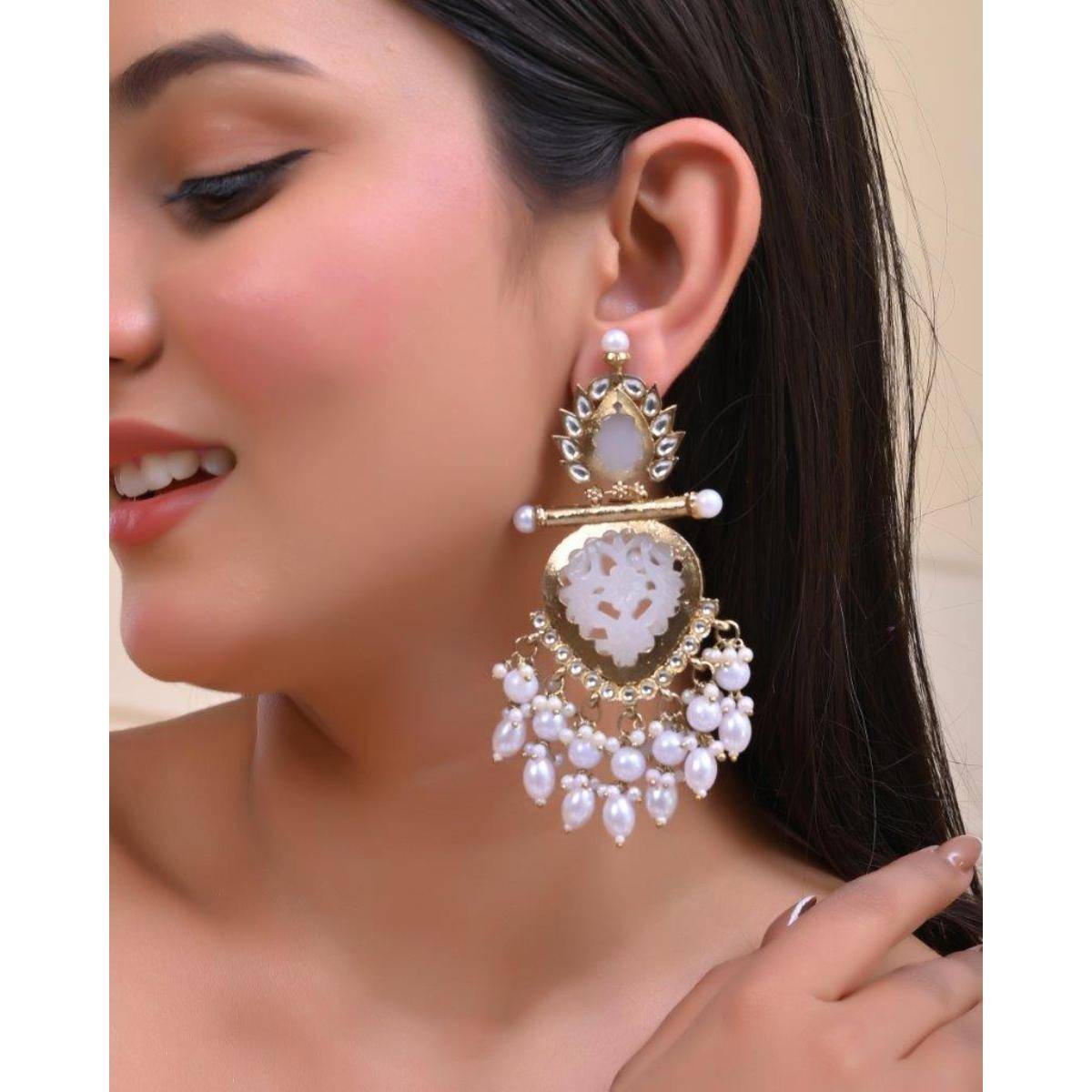 VOJ Gold Plated White Color Drop And Dangle Statement Earrings