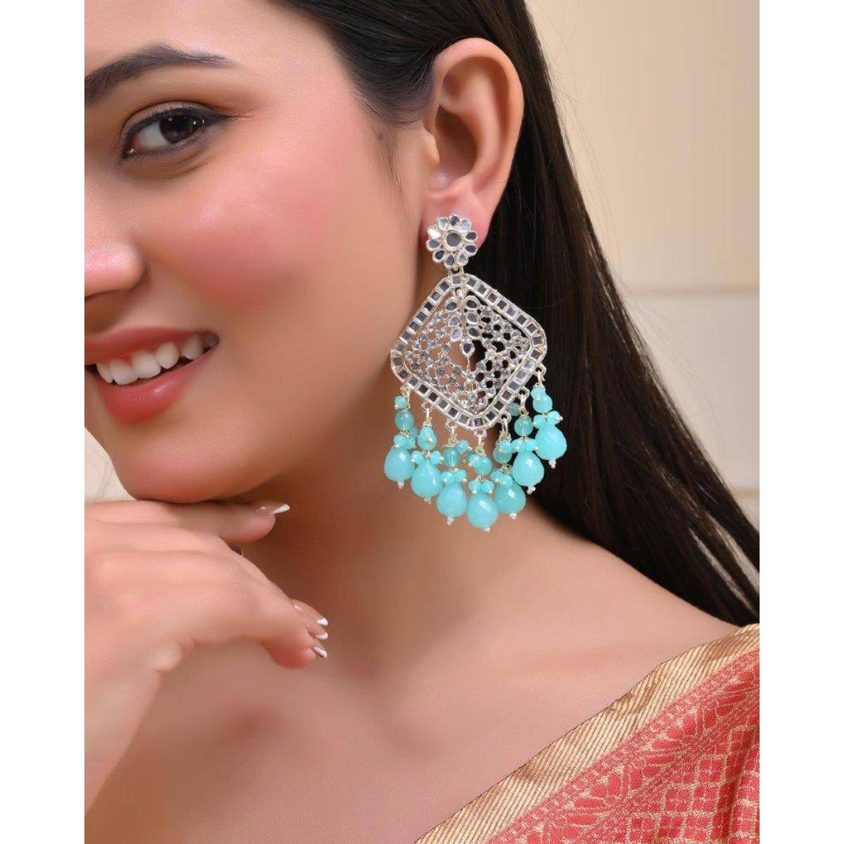 VOJ Gold Plated Kundan And Teal Stone Studded Drop Earrings