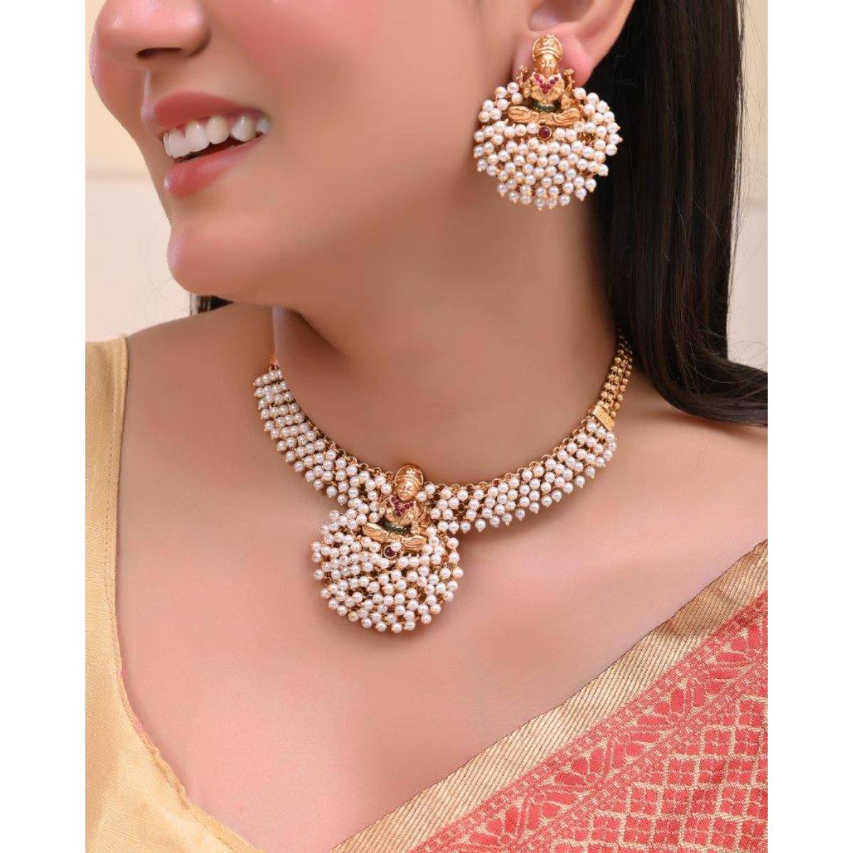 VOJ South Indian Traditional Copper Necklace With Earrings Set