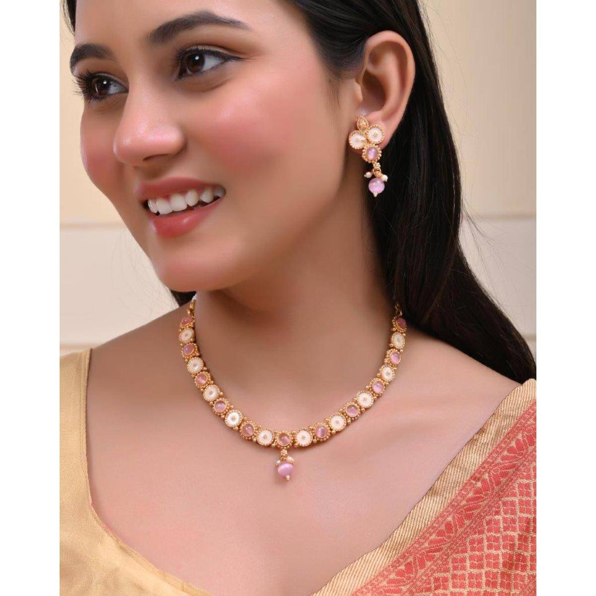 VOJ Gold Tone Pink Stone Studded Jewellery Set