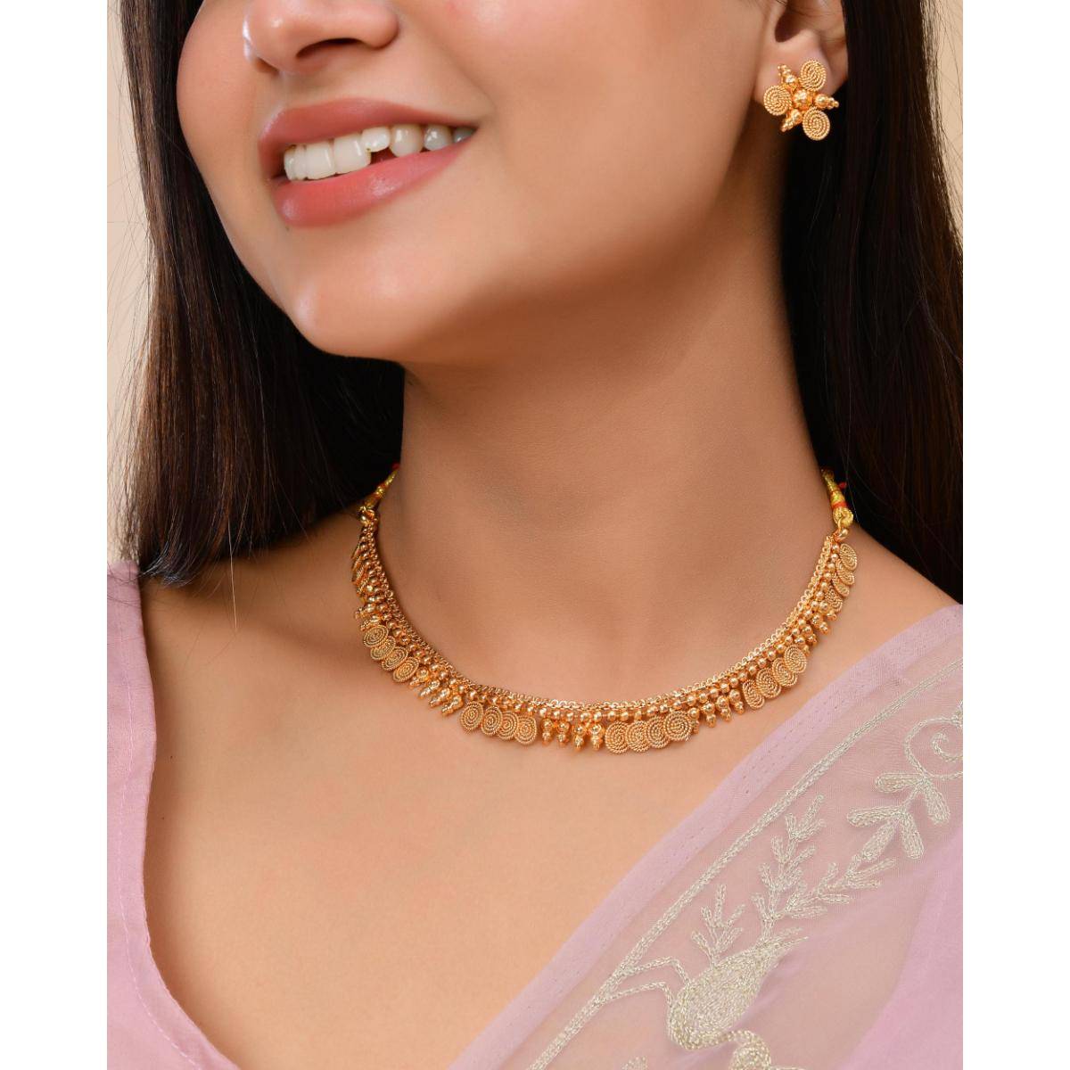VOJ Gold Plated Round Designed Necklace With Earrings Set