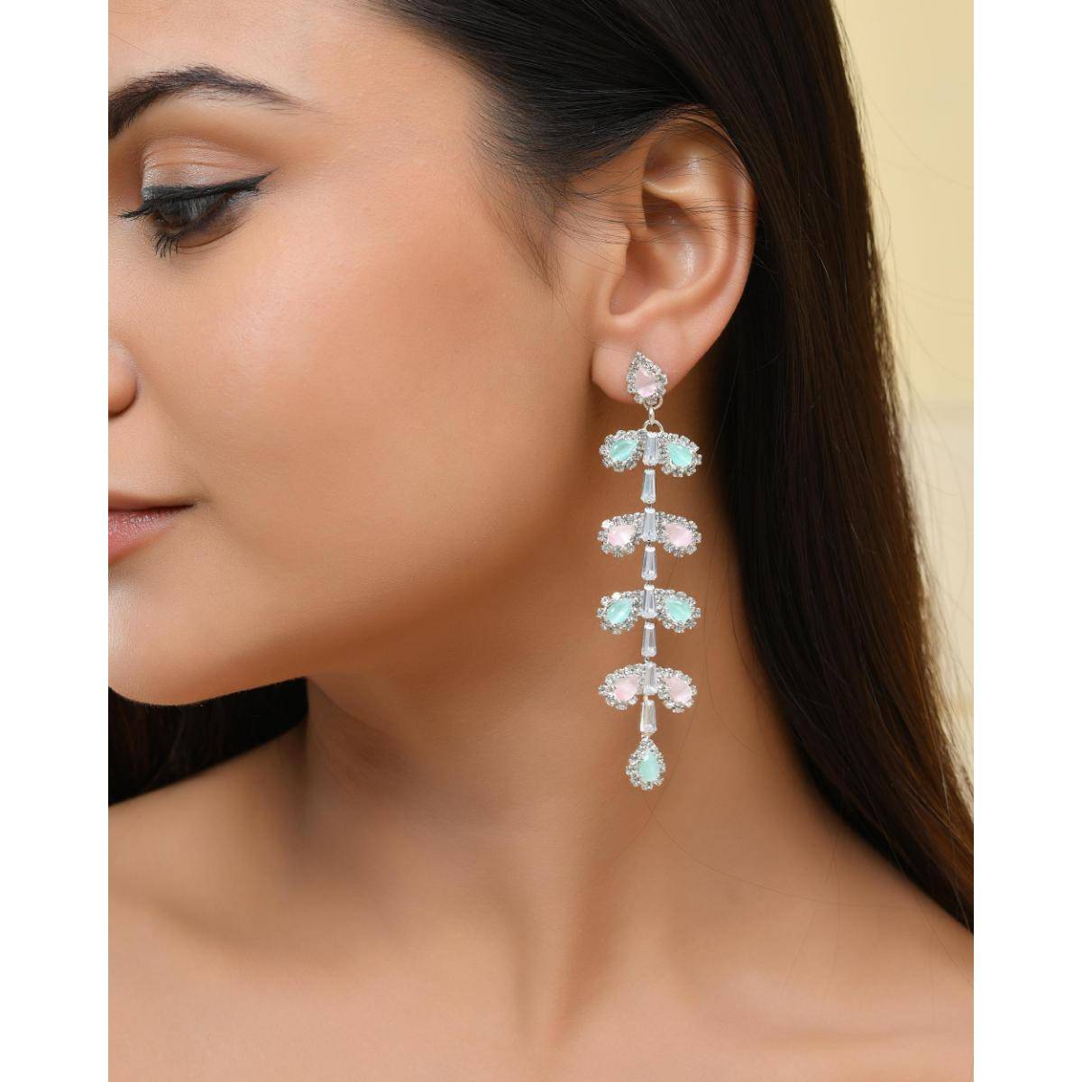 VOJ Silver-Toned Mind Green And Pink Leaf Shaped Drop Earrings