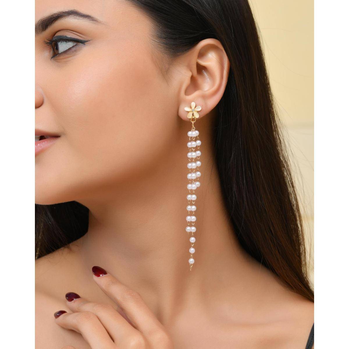 VOJ Gold-Plated Flower Stone Studded And Beaded Acrylic Drop Earrings