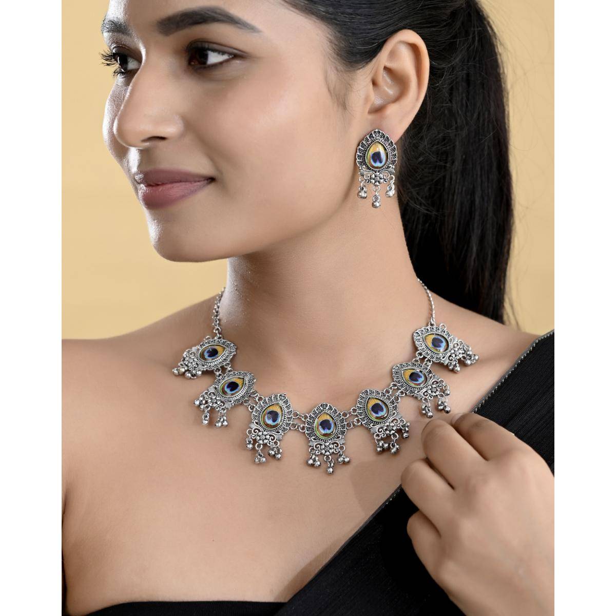 VOJ Silver Toned Peacock Printed Choker Necklace With Earrings Set