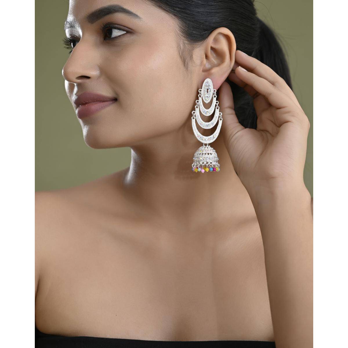 VOJ White Oxidized Mult Layer Dangle Earrings