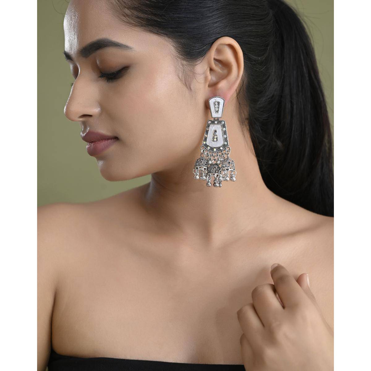 VOJ Silver Plated Moon Stone Studded Elegant Earrings