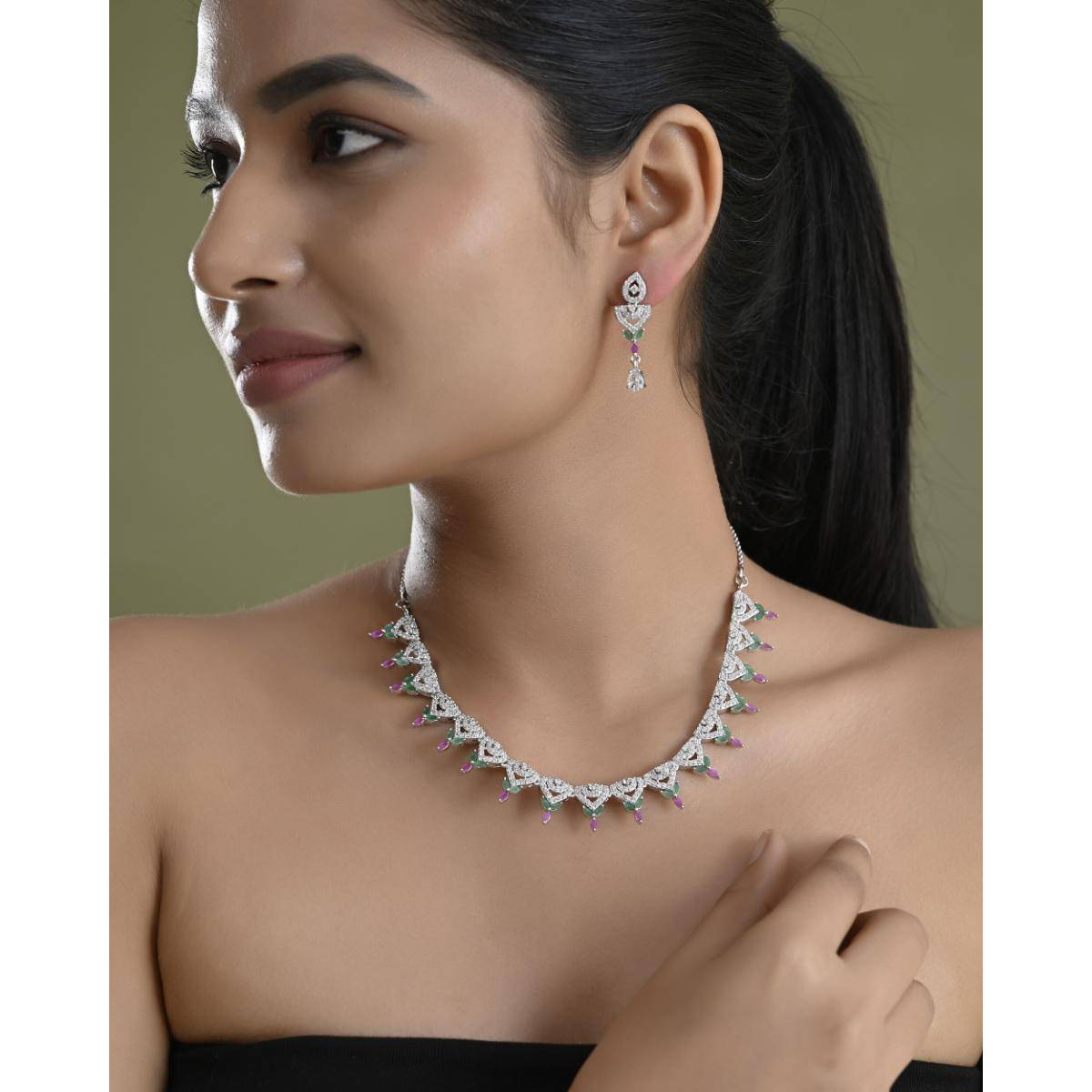 VOJ Silver Plated Green And Pink Stone Ad Necklace And Earrings Set