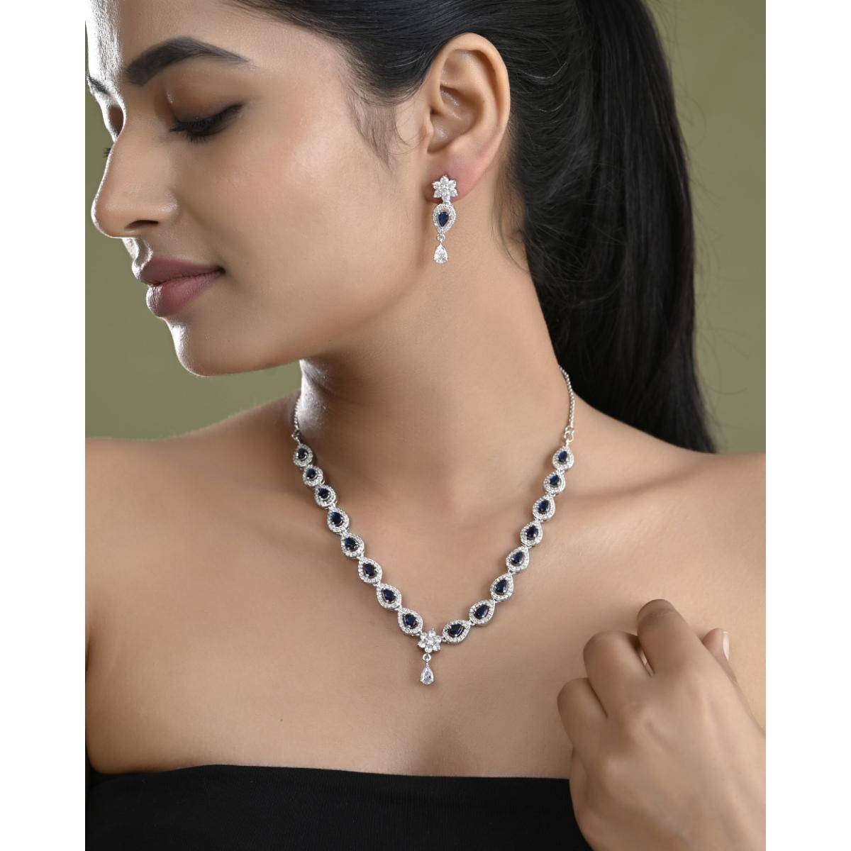 VOJ Silver Plated Dark Stone Tear Drop Shaped Ad Jewellery Set