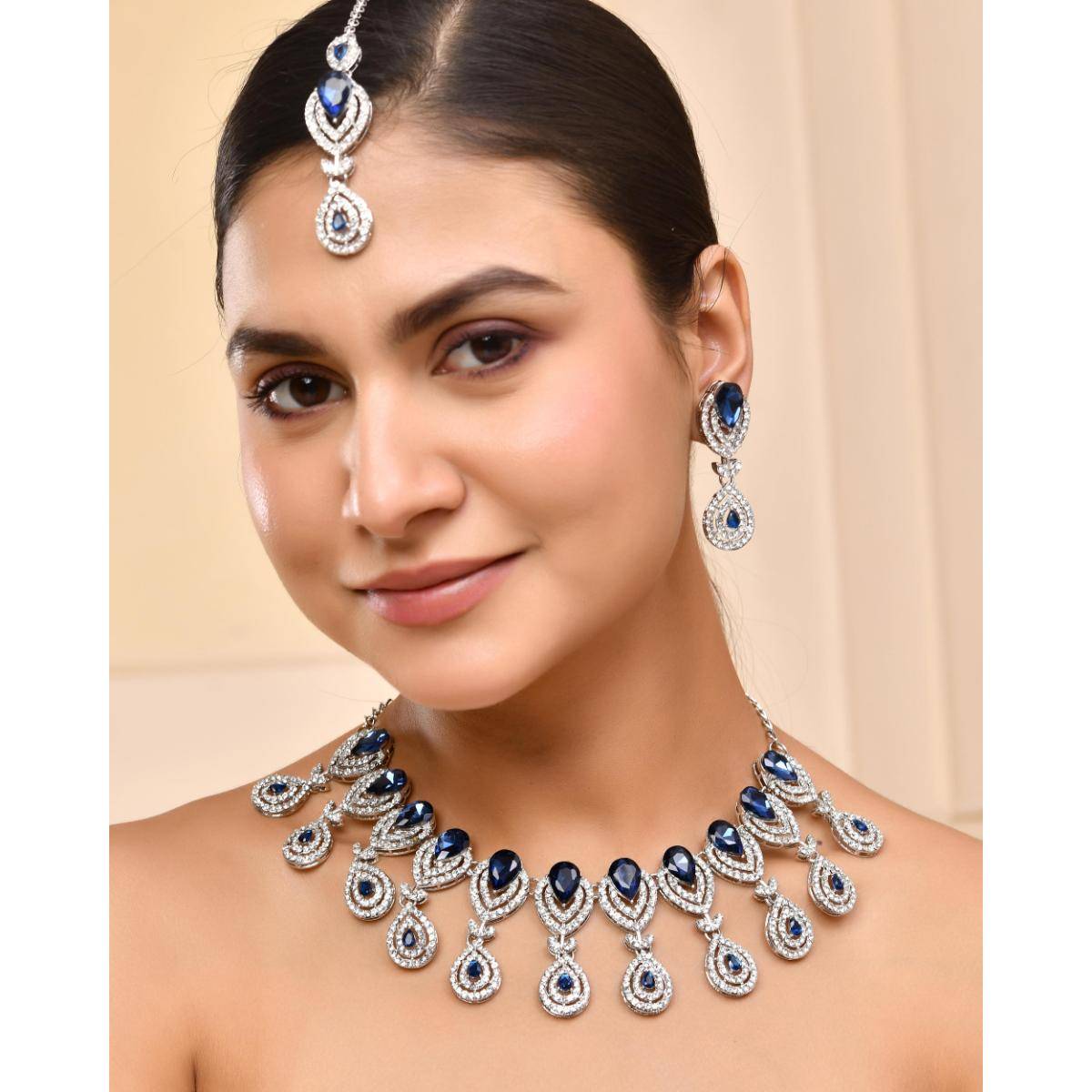 VOJ Silver-Plated Blue Ad-Studded Tear Drop Shape Jewellery Set