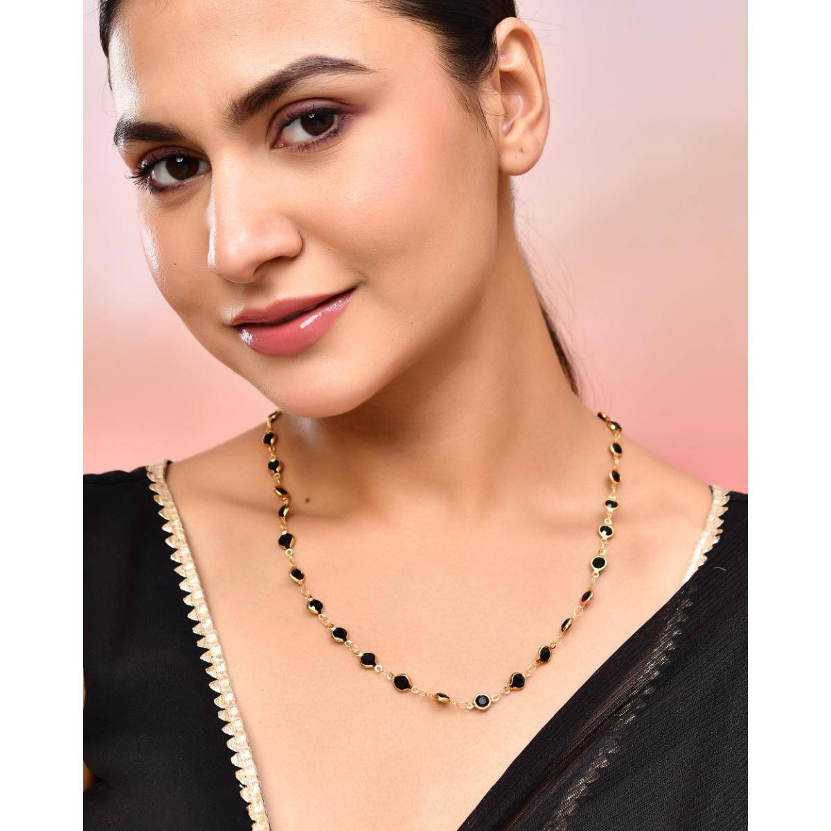 VOJ Gold Plated Black Stone Studded Women Chain