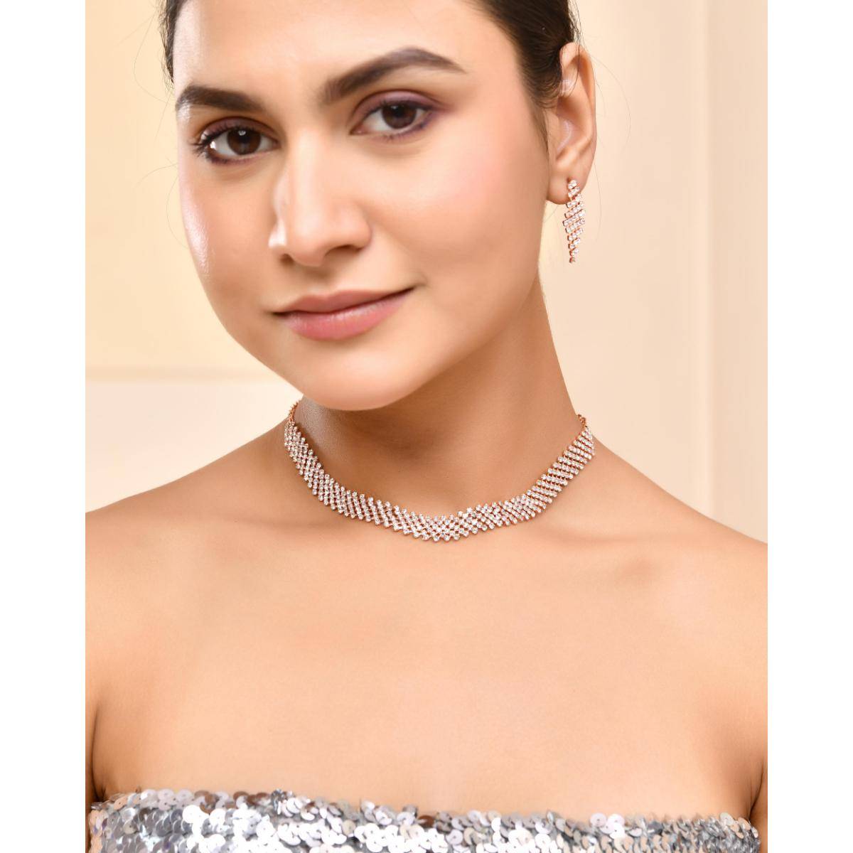 VOJ Rose Gold Plated Stone Studded Jewellery Set